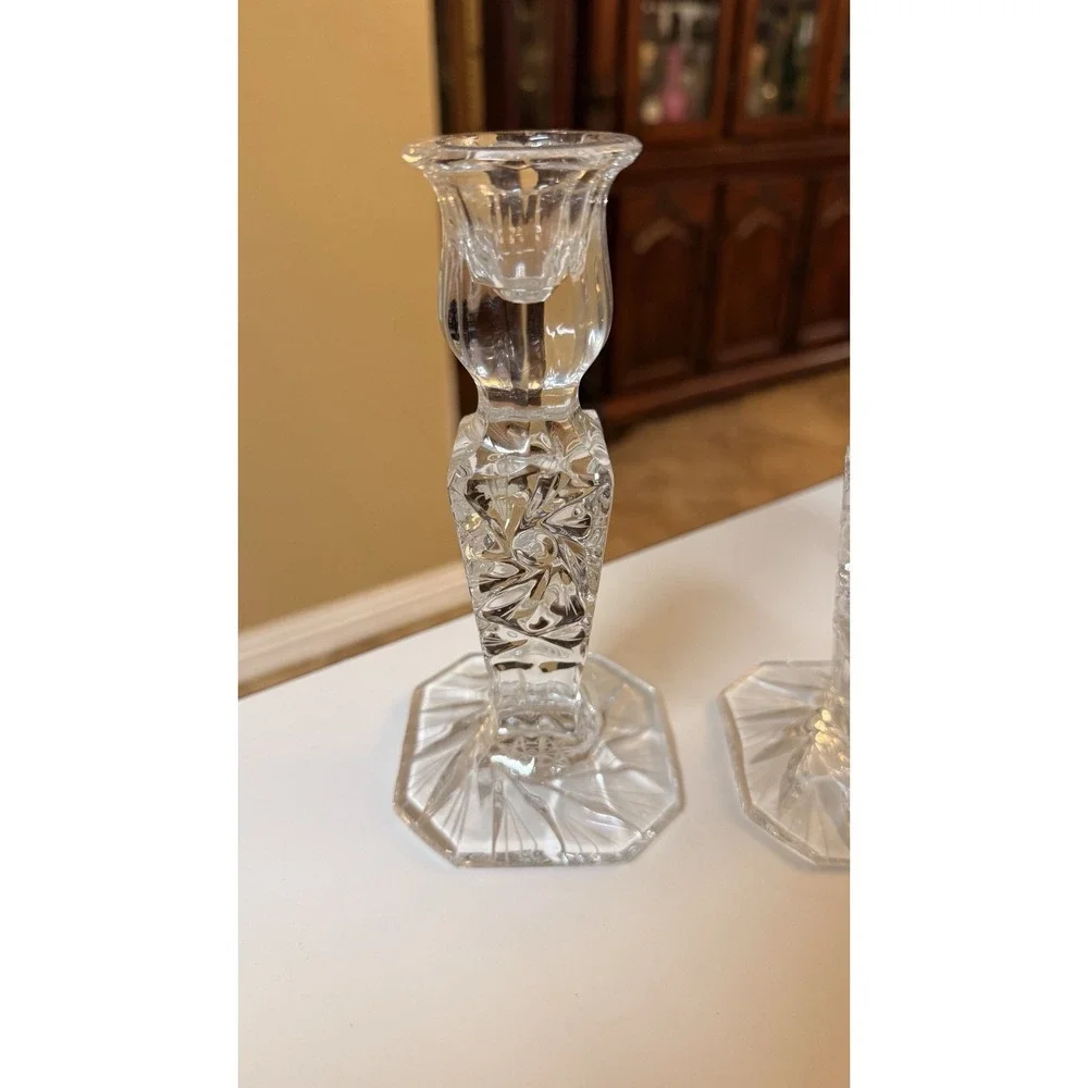 Vintage Cut Crystal Glass Candlestick Holders Set of 2 Starburst‎ Octagon